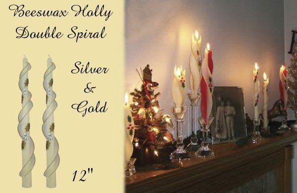 silver and gold holly design beeswax double spiral taper candle