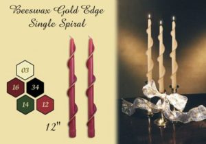 spiral beeswax taper candle with gold edge