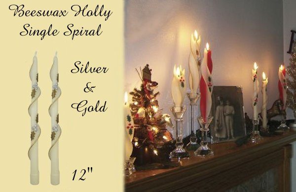 silver and gold holly design beeswax spiral taper candle
