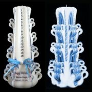 Birthday countdown candle in blue, hand carved, personalized, silk trim