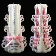 Birthday countdown candle in pink, hand carved, personalized, silk trim