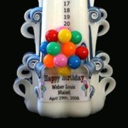 Birthday countdown candle in blue, hand carved, personalized, balloon trim, 13 inch