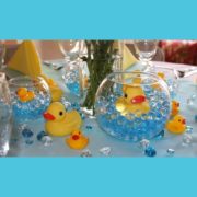 Rubber Ducky candles in glass fishbowl, baby shower centerpiece