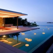 floaing lantern candles in swimming pool