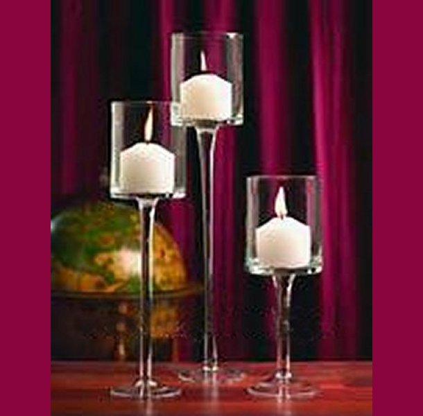 Glass Candle Holder H-12, 14, 16 Set of 3 Pedestal Stem Hurricanes