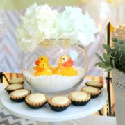 Rubber Ducky candles in glass fishbowl, baby shower centerpiece